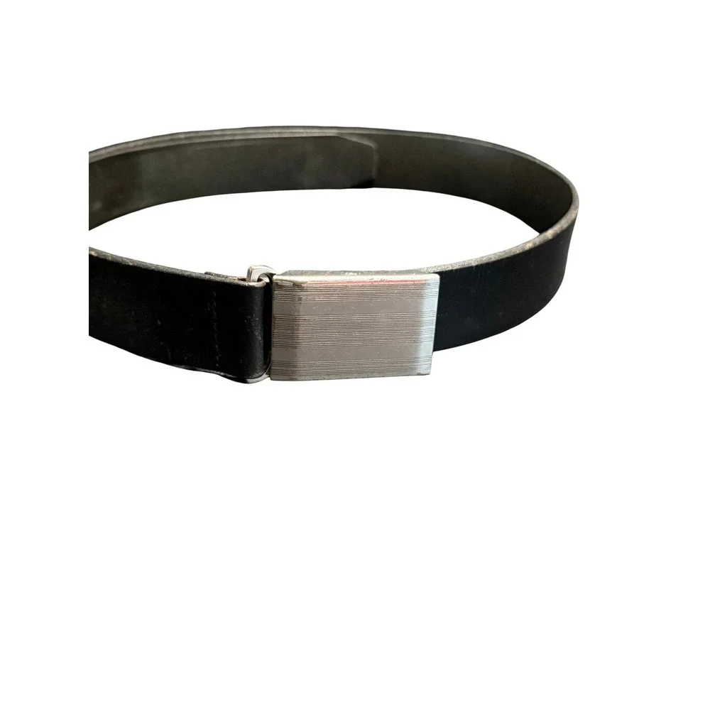 Banana Republic Mens Black Leather Belt Silver Plaque Slide Buckle USA Office